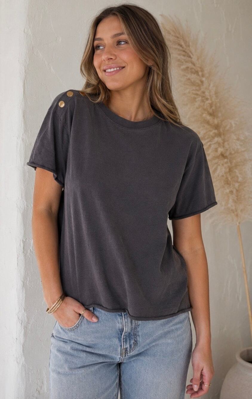 Nation LTD Statement Button Casual T-Shirt Cotton Natural Size Small